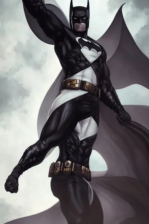 Image similar to characters portrait of MoonKnight mixed with Batman by ArtGerm and Tom Bagshaw, merged character, Full body shot, cinematic opening shot, 4k, highly detailed, cinematic lighting