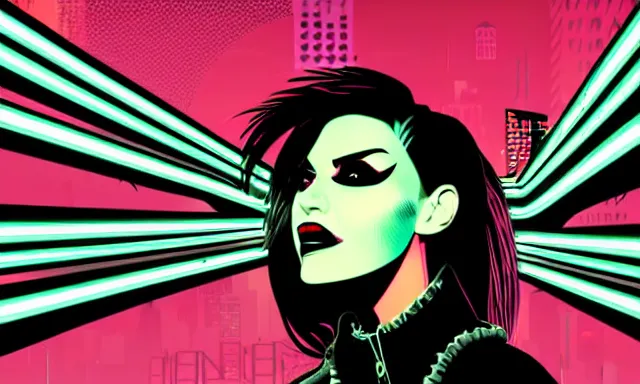Prompt: portrait of a very very very beautiful, aesthetic cyberpunk woman smiling with glowing eyes, punk makeup, extremely stylish punk hair, late evening in a city, vector art by tom whalen