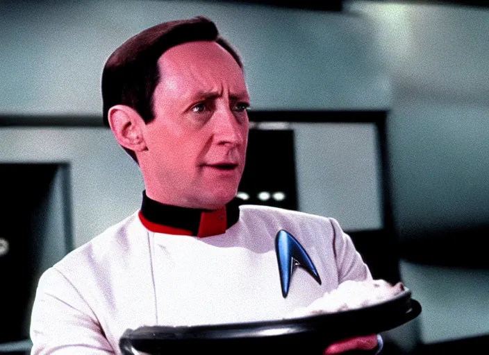 Prompt: film still of Data working as a short order cook in Star Trek the Next Generation
