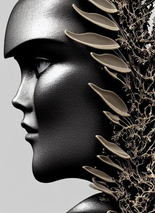 Image similar to bw close - up profile face, black background, beautiful young porcelain vegetal - dragon - cyborg - female, 1 5 0 mm, beautiful natural soft rim light, silver gold details, magnolia leaves and stems, roots, fine lace, mandelbot fractal, elegant, ultra detailed, white metallic armour, octane render, h. r. giger style