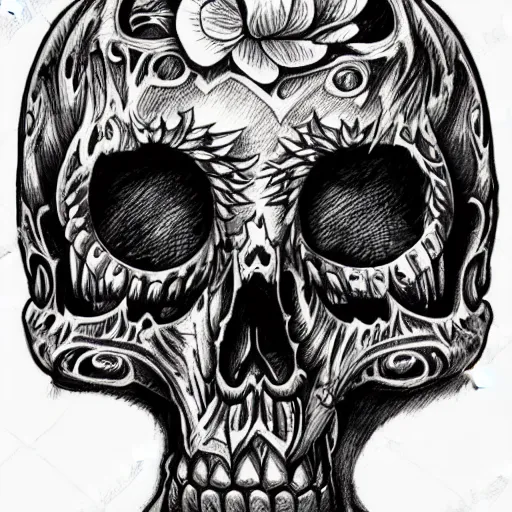 Prompt: highly detailed skull, Japanese style, tattoo ink sketch, isolated on white background