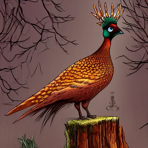 Prompt: beautiful pheasant sits with sword on the back on a stump, in deep forest, style by Hedgehog in the Fog , by Yuri Norstein art, beautiful sword, Mouse Guard by David Petersen, Mouse Guard, big details, scary cartoons,