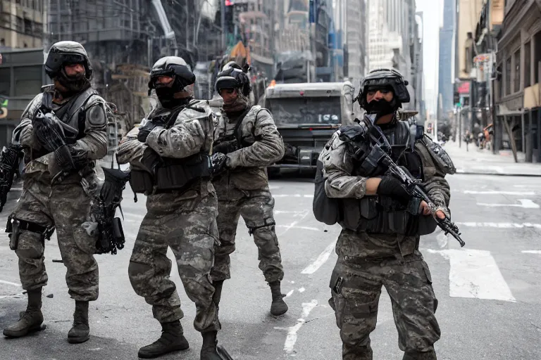 Image similar to Mercenary Special Forces soldiers in grey uniforms with black armored vest and helmets in urban warfare in New York 2022, Canon EOS R3, f/1.4, ISO 200, 1/160s, 8K, RAW, unedited, symmetrical balance, in-frame, combat photography