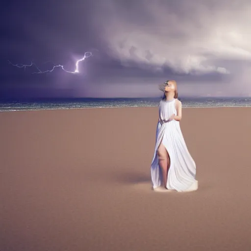 Prompt: lonely wonderful goddess with a white large magnificent vaporous, wrapped, hight decorated, detailed, white roses semi transparent cotton dress, she is moving in the sand near the ocean, during lightning storm, her face is visible, dramatic light, render engine, 8 k