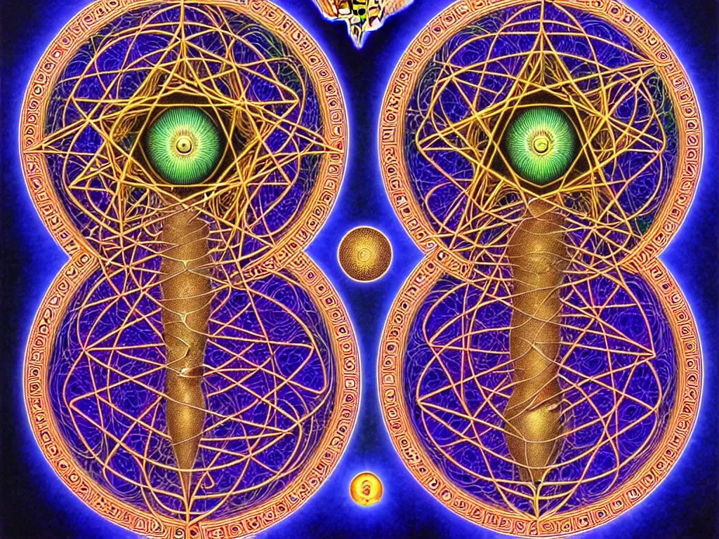 Image similar to neo surrealism, golden ratio, sacred geometry, metatron, art by ernst haeckel and daniel martin diaz and alex grey