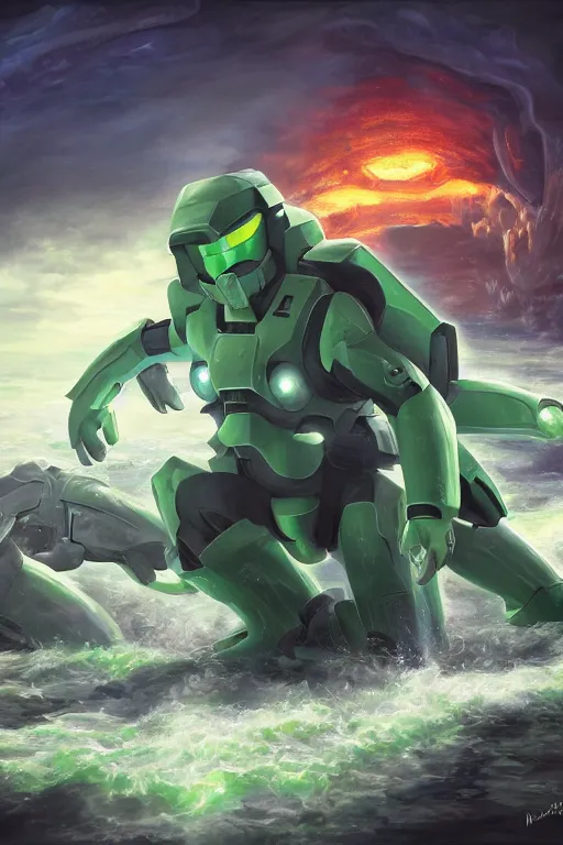 Image similar to tentacool pokemon playing as master chief, oil on canvas, intricate, 8 k highly professionally detailed, hdr, cgsociety