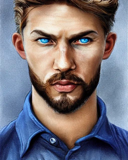 Image similar to portrait of a man in his mid - twenties with dull blue eyes, curly blond hair, short goatee, ultra realistic, epic, highly detailed, hd, sharp focus, cinematic lighting, realistic, dreamy, vivid colors, dreary, morose, matt painting, digital art, non blurry, sharp, artstation, concept art, smooth, comic book style, illustration