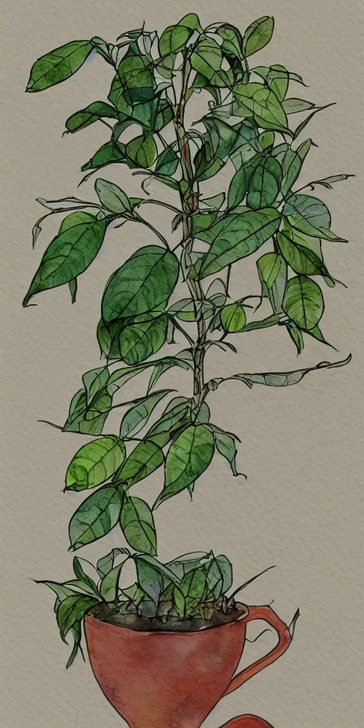 Image similar to water color and pen, high resolution, detailed, trending on artstation, alien tea plant