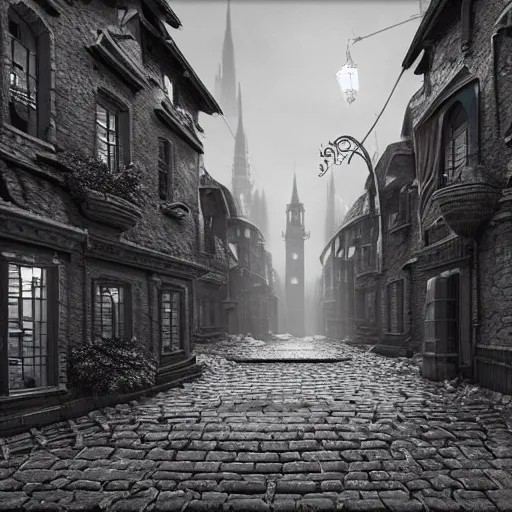 Prompt: an ultra detailed black and white matte painting of the quaint town of galic, grid shaped city cobblestone streets, fantasy city, the morning after a heavy snowfall, wind, inspiring gothic architecture, ultrawide lense, aerial photography, unreal engine, exquisite detail, 8 k, art by greg rutkowski and alphonse mucha