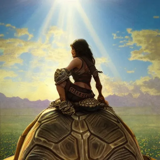 Image similar to a little warrior girl sitting on top of one giant turtle that is walking in the desert. the girl has dark skin and beautiful green eyes, realistic full body and a very beautiful detailed symmetrical face with long black hair. diffuse light, dramatic sky and landscape, long shot fantasy illustration by mucha