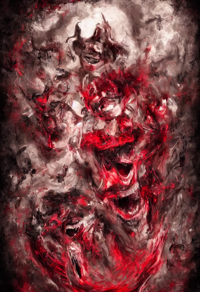 Image similar to musicians collide with the multidimensional, smile, monster teeth covered in red, dark and mysterious, full body, cinematic, epic, very detailed, full body