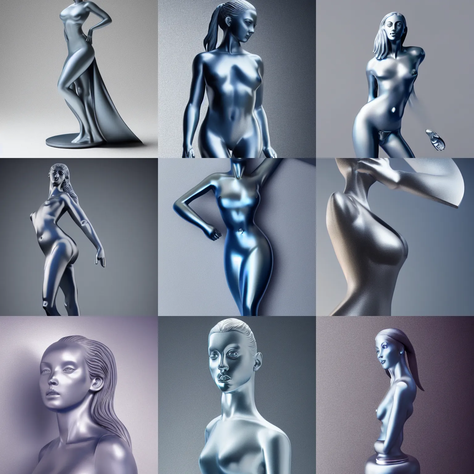 Prompt: statue of a perfect woman, blue, grey anodized aluminium ( desgined by porsche ), studio photo, octane render, studio lights, macro lens