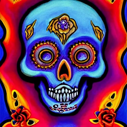 Image similar to a realistic portrait of dia de los muertos fox skull character, themed on the stars and moon, painting by jeff easley, stylized, black light, neon, black velvet, bowling alley carpet, dnd beyond