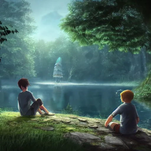 Image similar to a silver dragon and a boy sitting together next to a lake watching firefly at night in forest, concept art, dof, cryengine, digital art, detailed background, makoto shinkai