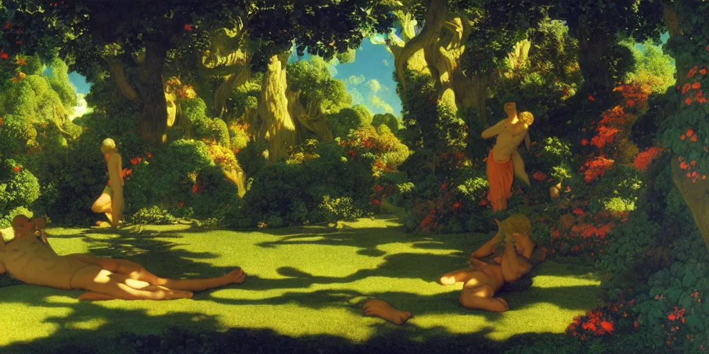 Image similar to !dream a landscape of the Garden of Eden by Maxfield Parrish, digital art 8k