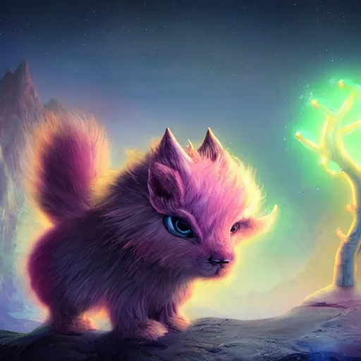 Prompt: bioluminescent cute furry monster on a dreamy biome, sparkles, magical, elves, fantasy, hyper realism, intricate, digital art, detailed, studio shot, unreal engine 5, octane, high definition, smooth, artstation, behance