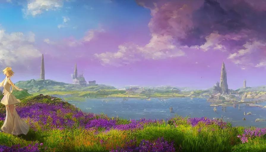 Prompt: over the shoulder landscape midjourney painting of violet evergarden standing on a distant colorful flower hill, behind it a distant old european city leiden from violet evergarden next to the reflecting ocean, ocean, sunshine, fantasy, intricate, elegant, highly detailed, digital painting, artstation, blender, unreal engine 5, octane render, smooth, sharp focus, illustration, by Anton Fadeev and Philipp A. Urlich and Pengzhen Zhang and Andreas Rocha