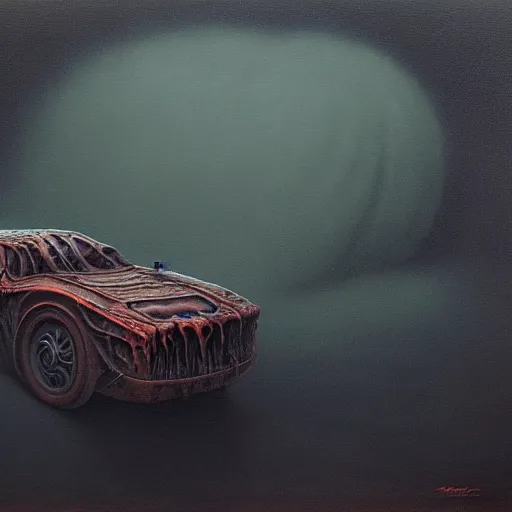 Prompt: horrifying eldritch car, painting by zdzisław beksinski, product photograph, 4 k, dark atmosphere, horror, veins, oozing slime