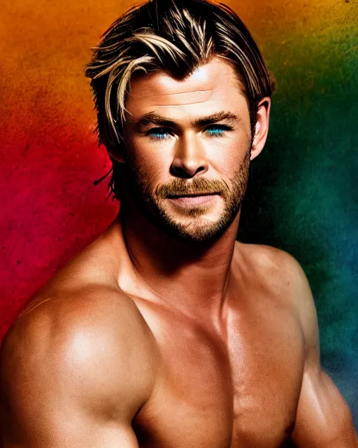 Prompt: chris hemsworth pin up art, smouldering expression, on a beach, 4 k