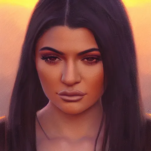 Image similar to a closeup portrait of a kylie jenner, dramatic light, lake background, sunset, dark, painted by stanley lau, painted by greg rutkowski, painted by stanley artgerm, digital art, trending on artstation