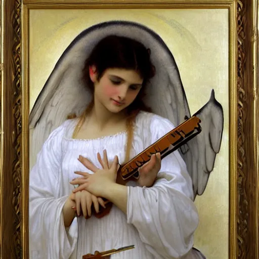 Prompt: an oil painting of an angel playing a synthesizer, by Bouguereau, highly detailed and intricate,