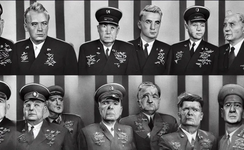 Image similar to 50s movie still of very diverse soviet generals head with very detailed faces in a stalinist parlement, by Alexei Guerman, Cinestill 800t 35mm black and white, heavy grainy picture, very detailed, high quality, 4k, HD criterion, precise texture, high quality face diversity, high quality haircut diversity, high quality age diversity