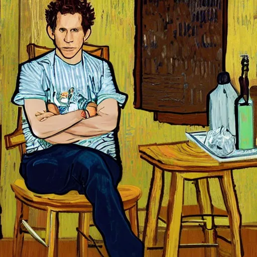 Image similar to a golden god, dennis reynolds, sitting in a throne in a kitchen in the style of van gogh