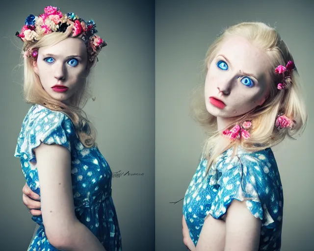 Image similar to pale young woman with bright blonde hair, freckles, blue eyes and a wide face, flowery dress, using a professional slr camera close to her face, dramatic lighting, bright flare, surreal art by anna nikonova