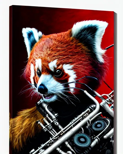 Image similar to a portrait of an anthropomorphic cyberpunk single red panda wailing on the saxophone by sandra chevrier, by jon foster, detailed render, tape deck, epic composition, cybernetics, 4 k realistic, cryengine, realistic shaded lighting, sharp focus, masterpiece, by enki bilal