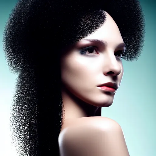 Prompt: portrait of a beautiful woman, long fractal hair, black on black, 8k