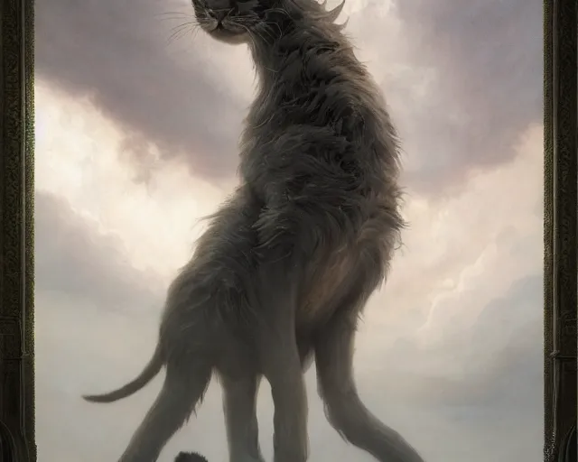 Prompt: giant cat monster, medium shot, disney concept artists, blunt borders, rule of thirds, by jaime jones, tom bagshaw, lawrence alma - tadema, greg rutkowski, fantasy art, intricate, elegant, highly detailed, 8 k, digital painting, concept art, sharp focus, mythological, ultra realistic, cinematic lighting, maximalist, hyperrealist