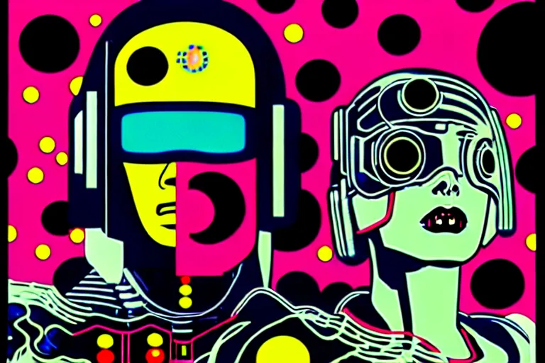 Image similar to ⚠ 👽 💉 ☠ 💢 😱 futuristic japanese cyberpunk by roy lichtenstein, by andy warhol, ben - day dots, pop art, bladerunner, pixiv contest winner, cyberpunk style, cyberpunk color scheme, mechanical, high resolution, hd, intricate detail, fine detail, 8 k