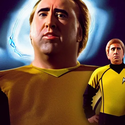 Image similar to a fat nic cage playing captain kirk in star trek, hd digital photography, movie still