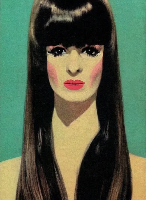 Prompt: portrait 1 9 6 0 s beautiful mod girl, long straight 6 0 s hair with bangs, wearing velvet, vampire, glam, groovy, by brom