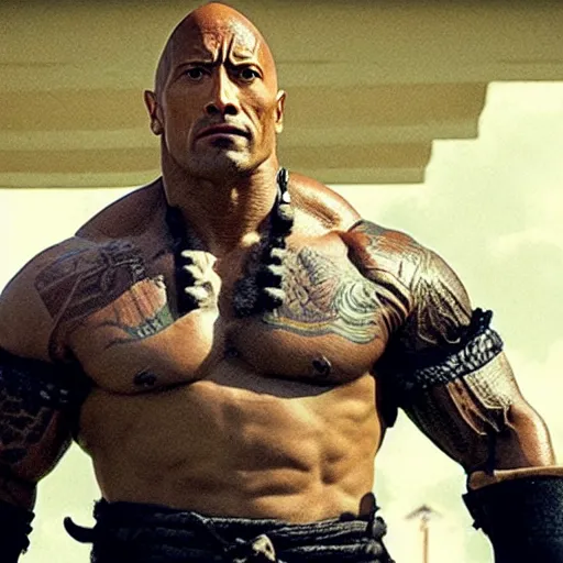 Prompt: a film still of Dwayne Johnson as samurai