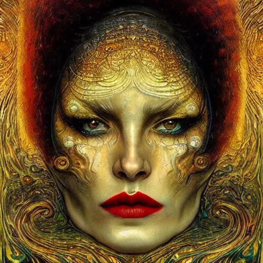 Prompt: Visions of Hell by Karol Bak, Jean Deville, Gustav Klimt, and Vincent Van Gogh, nightmare portrait, infernal, visionary, otherworldly, fractal structures, ornate gilded medieval icon, third eye, hellfire, spirals, cosmic horror