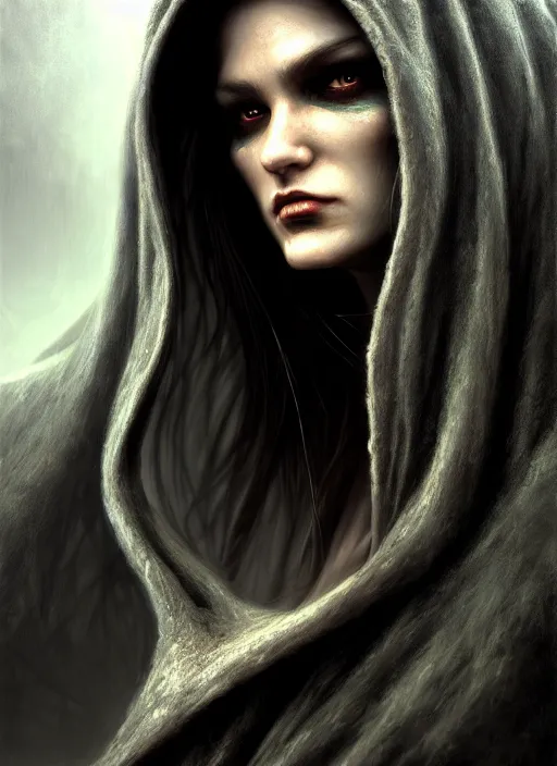 Image similar to closeup portrait shot of a hooded vampire in a scenic dystopian environment, intricate, elegant, highly detailed, centered, digital painting, artstation, concept art, smooth, sharp focus, illustration, artgerm, tomasz alen kopera, peter mohrbacher, donato giancola, joseph christian leyendecker, wlop, boris vallejo