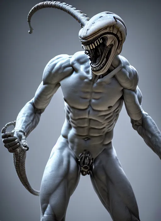 Image similar to a photorealistic roman statue of a white xenomorph style of Michelangelo, soft lighting, unreal engine, cinematic, Hd 35mm photography