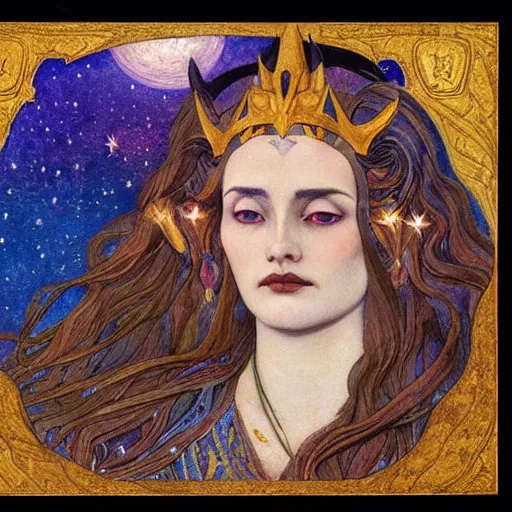 Image similar to queen of the moon with stars in her hair, by nicholas roerich and annie swynnerton and donato giancola and dulac, dramatic lighting, god rays, geometric tattoos, rich colors, smooth sharp focus, extremely detailed, leo and diane dillon, adolf wolfli