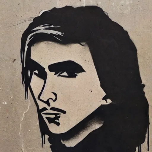 Prompt: young man, long hair!!!!, clean shaven, dark green eyes, long eyelashes, dark eyebrows, light widows peak, light facial hair, in the style of banksy, in frame