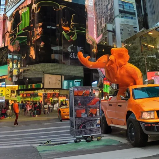 Image similar to a photo of an orange elephant on a skateboard, in times square at sunset