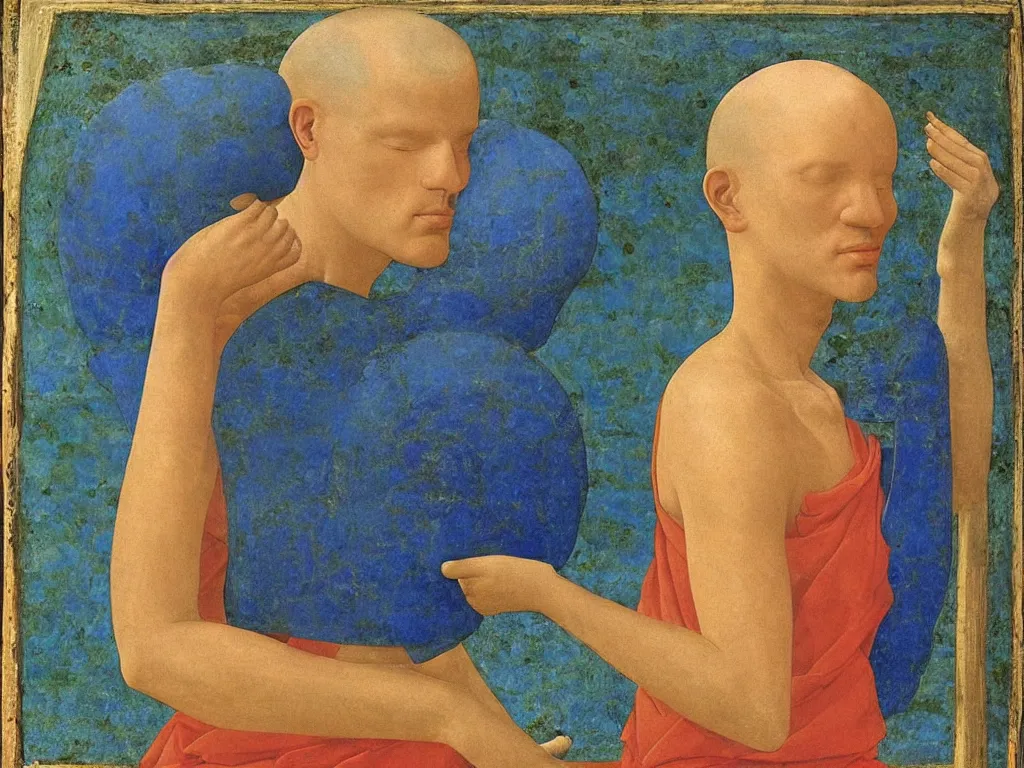 Image similar to Portrait of a monk holding his head above the water. Lapis Lazuli, malachite, cinnabar. Painting by Piero della Francesca, Agnes Pelton