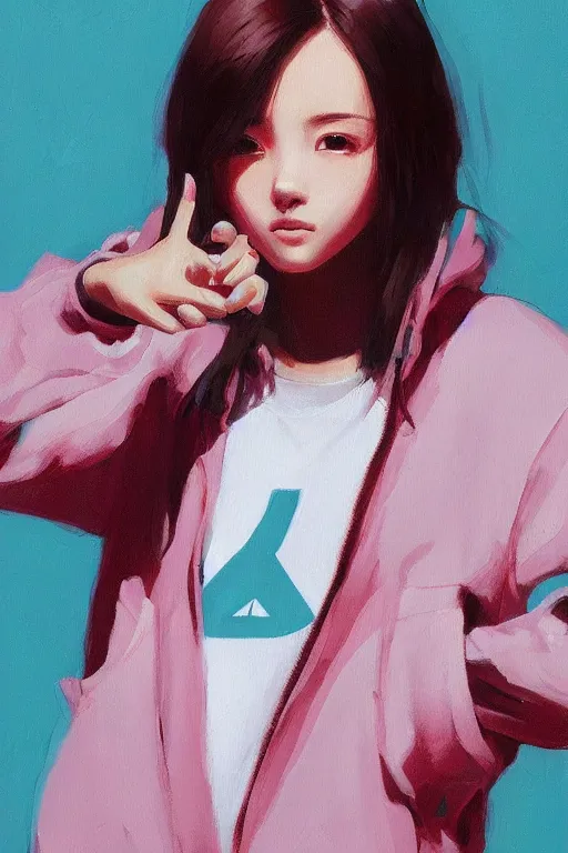 Image similar to A ultradetailed beautiful panting of a stylish girl doing the peace sign, she is wearing an oversized Nike jacket, Oil painting, by Ilya Kuvshinov, Greg Rutkowski and Makoto Shinkai