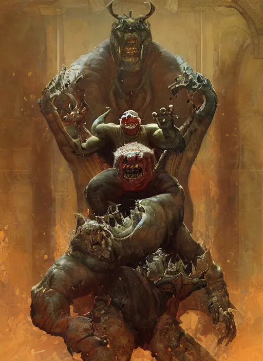 Image similar to hulking brute demon sitting on throne in science fiction hall, by sergey kolesov and lawrence alma tadema and norman rockwell and greg staples and craig mullins and john berkey and rick berry and jeremy mann, artstation creature art