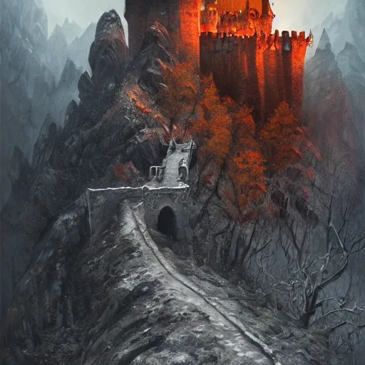 Image similar to dracula castle, top of a mountain ravine, painting, by greg rutkowski and igor kieryluk, photo realistic, dynamic lighting, artstation, poster, volumetric lighting, very detailed face, 8 k, award winning