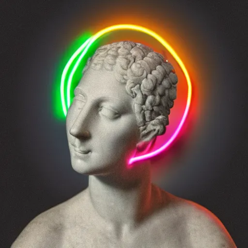 Image similar to a neon ring surrounding a renaissance statue head