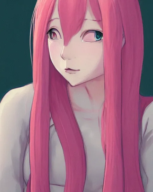 Image similar to a portrait of a young woman with very long pink hair undulating on the wind, light brown eyes, slightly chubby, pale skin, pretty, cute, by ghibli, trending on artstation