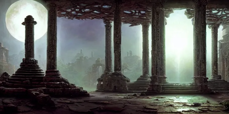 Image similar to beautiful hyperrealistic spectacular painting of the mysterious intricate ruins of the mysterious ancient temple, an advanced alien technology timemachine with a green glowing crystal from the future is inside the temple, by hubert robert and lee madwick and bastien lecouffe deharme, dramatic moonlight lighting, advanced technology