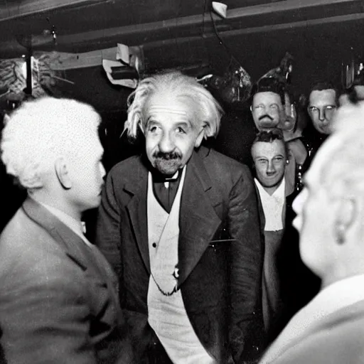 Image similar to color photograph of Albert Einstein DJ at a nightclub, in color, color photograph, colors