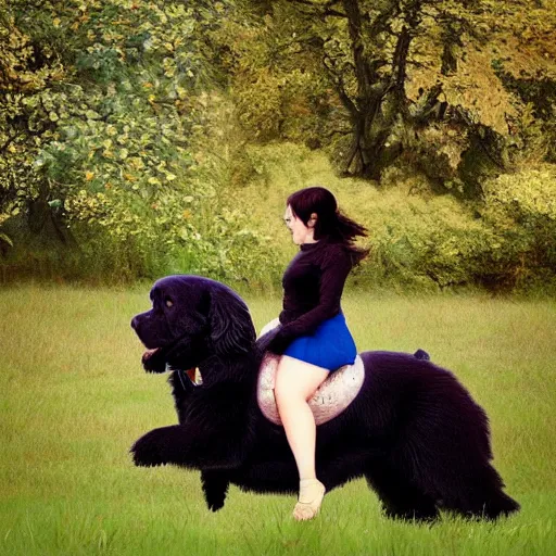 Image similar to girl riding a giant newfoundland dog in the park, trending on artstation